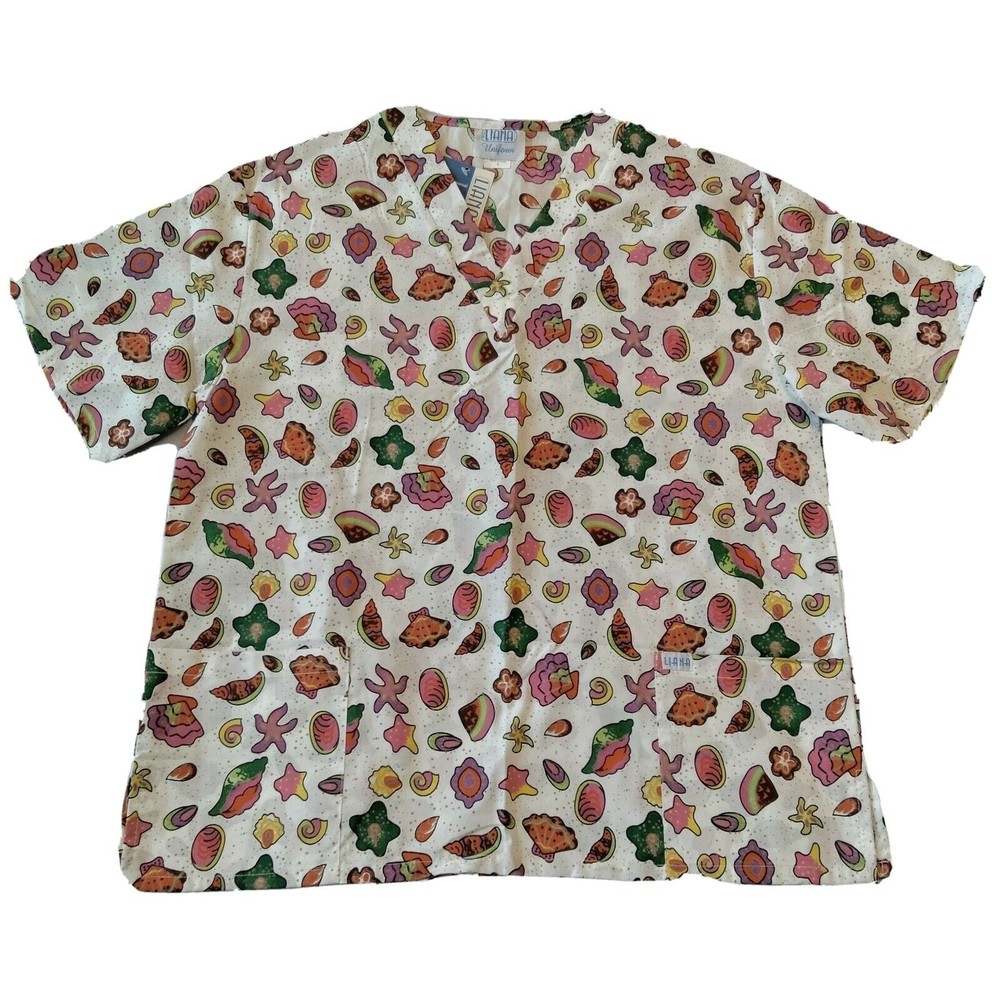Liana Printed Scrub Top Sz S Ivory Vibrant Sea Shells Ocean Kids Pediatrics New